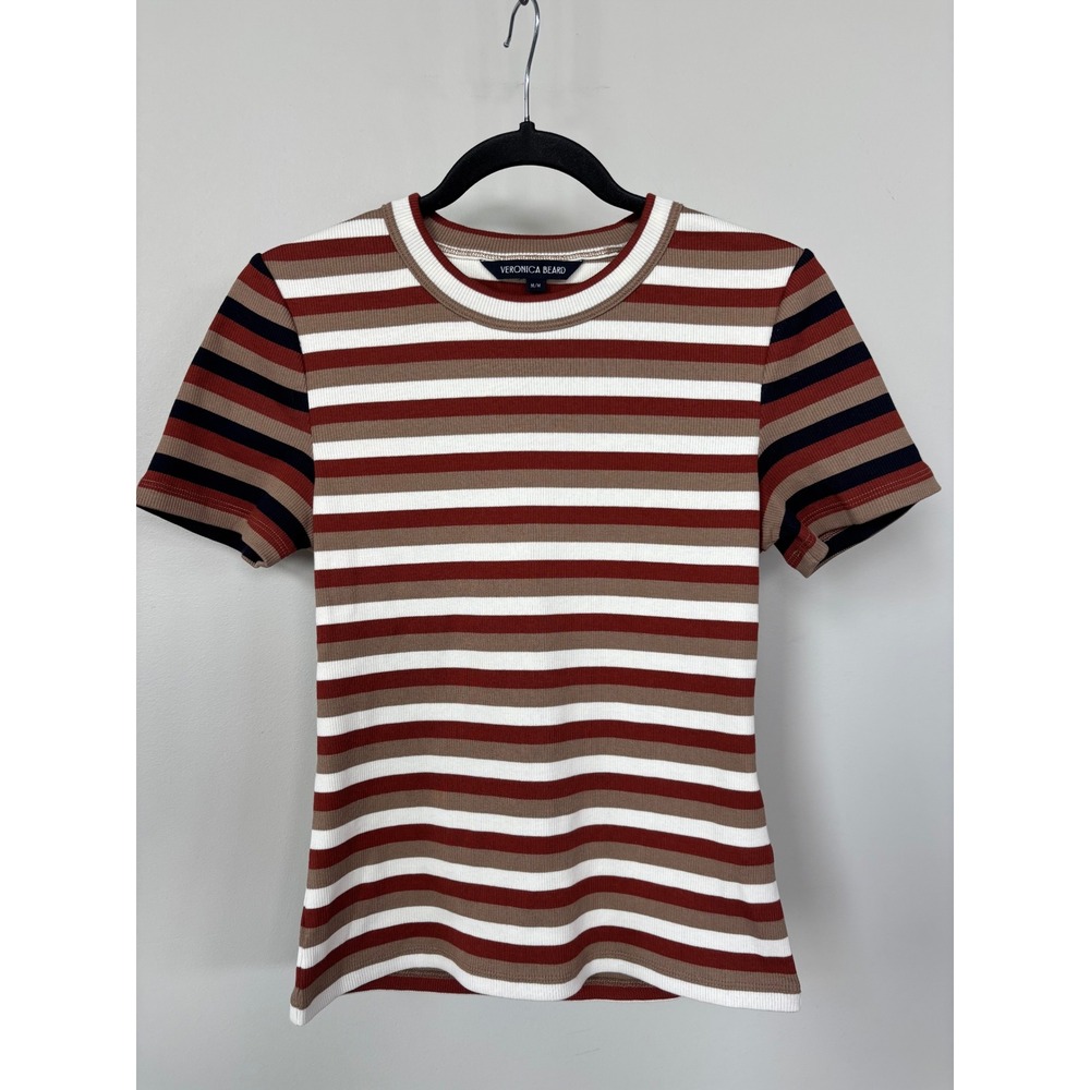 Veronica Beard Striped Ribbed Knit Tee Malt Red Oak Dove Size M